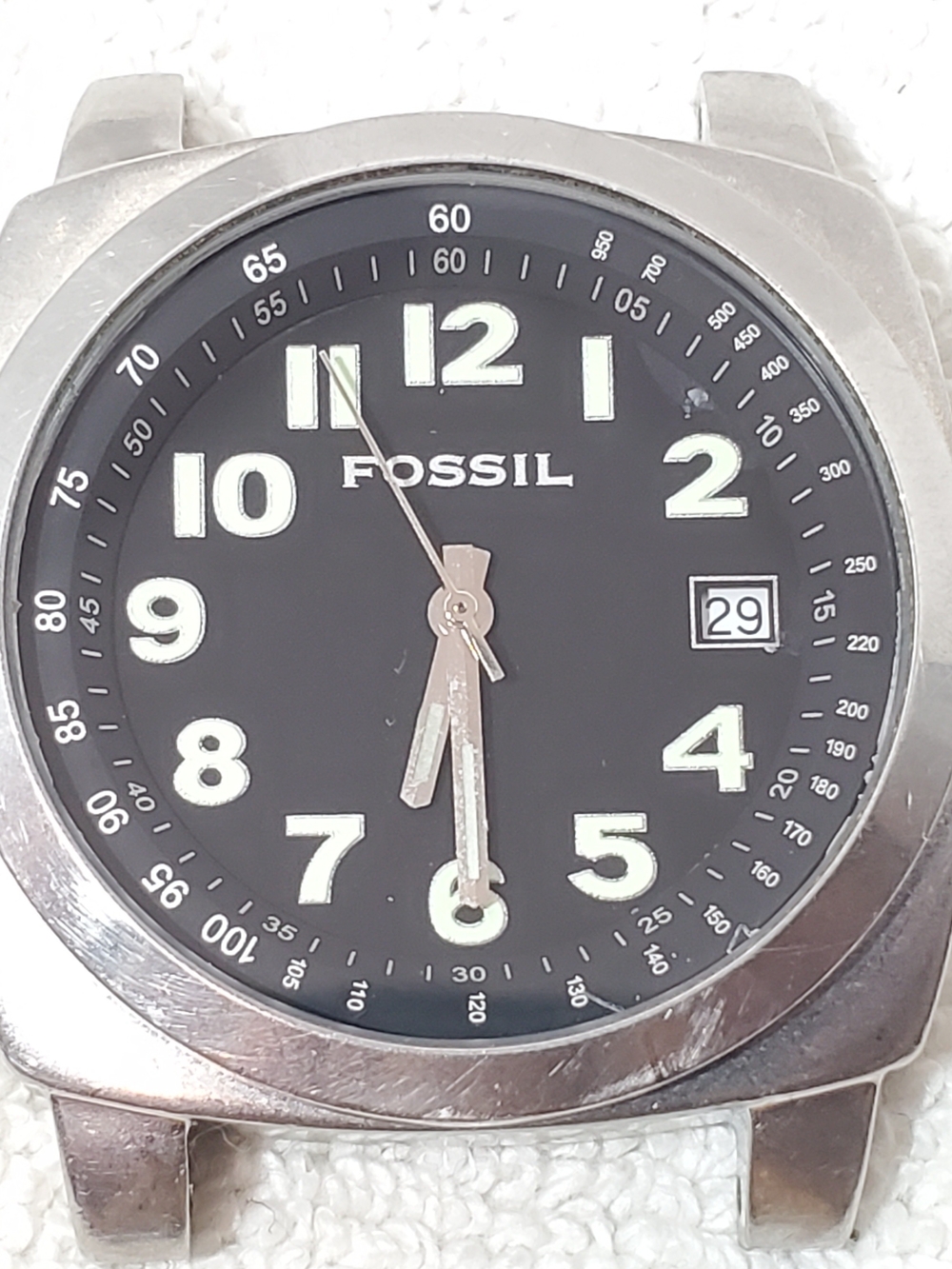 Vintage Fossil Men's Date Stainless Steel Quartz Watch Black Dial One Jewel